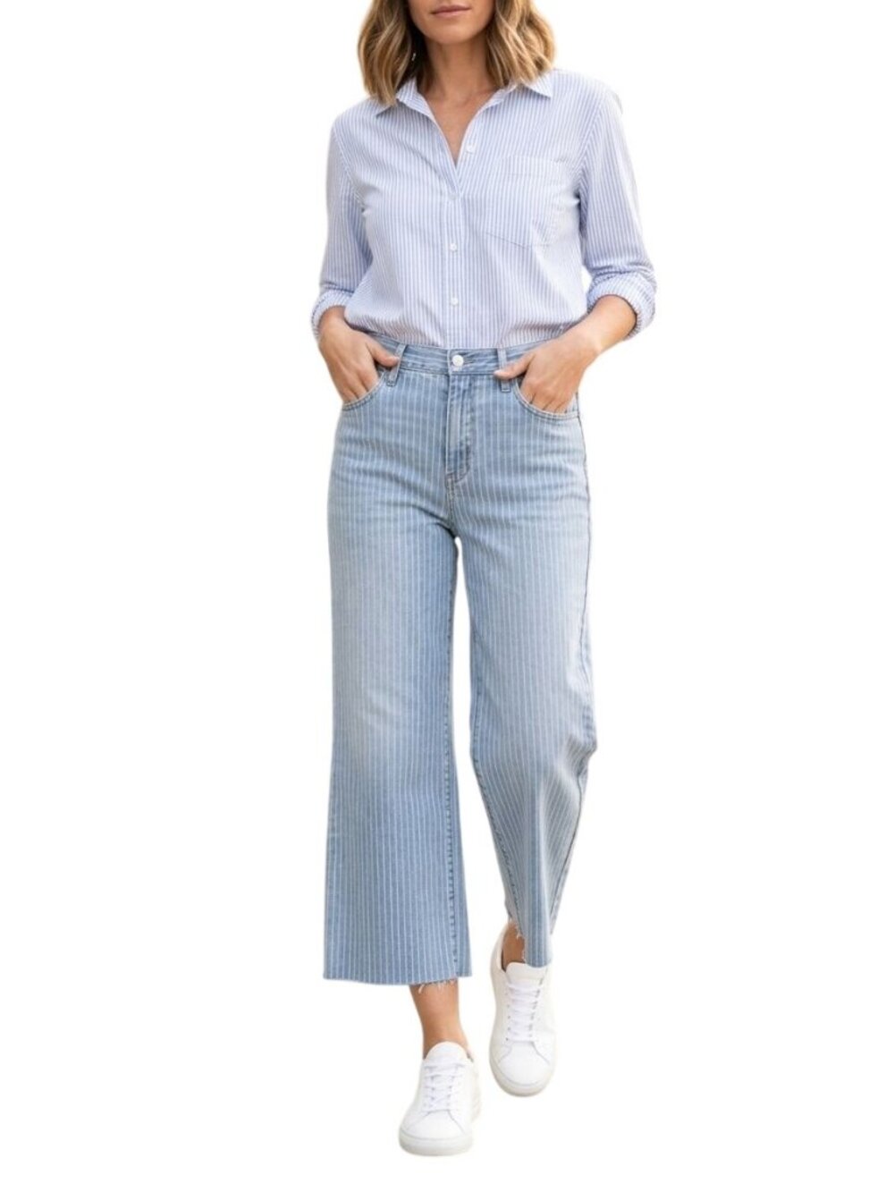 Pistola Jayden High Rise Wide Leg Raw Hem Pinstripe Crop Jeans Mid Wash Size 31